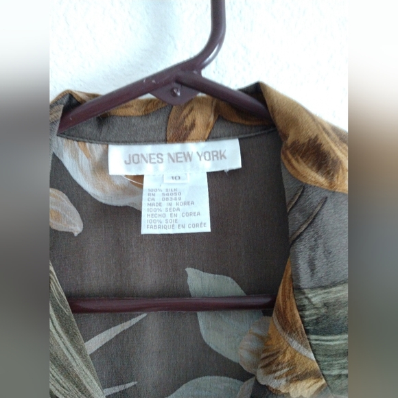 Vintage Jones New York Silk Blouse Shirt Brown Floral Short Sleeve Size 10 - Picture 4 of 6